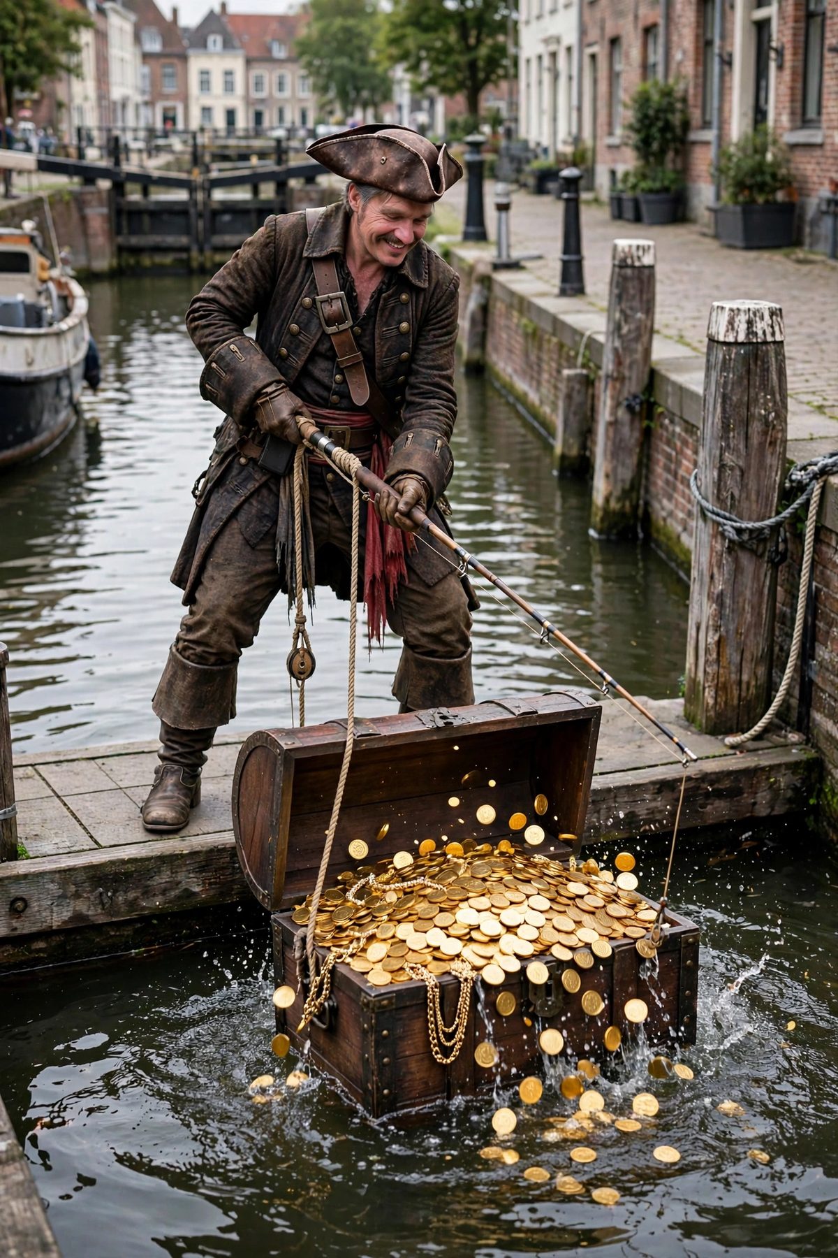 The author as a pirate on a canal dock with a treasure chest